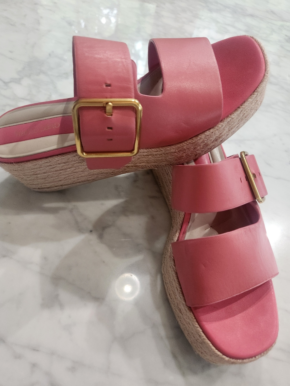 Franco Sarto Pink Dual Strap Platform Slides with Gold Buckle, Barely Worn - Picture 3 of 4